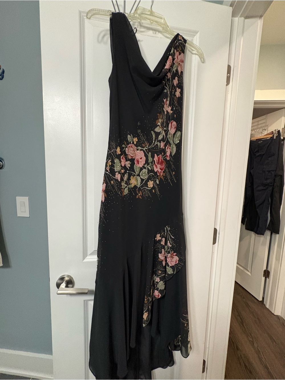 Alex Evenings Black Floral One-Shoulder Midi Dress with Pink Roses